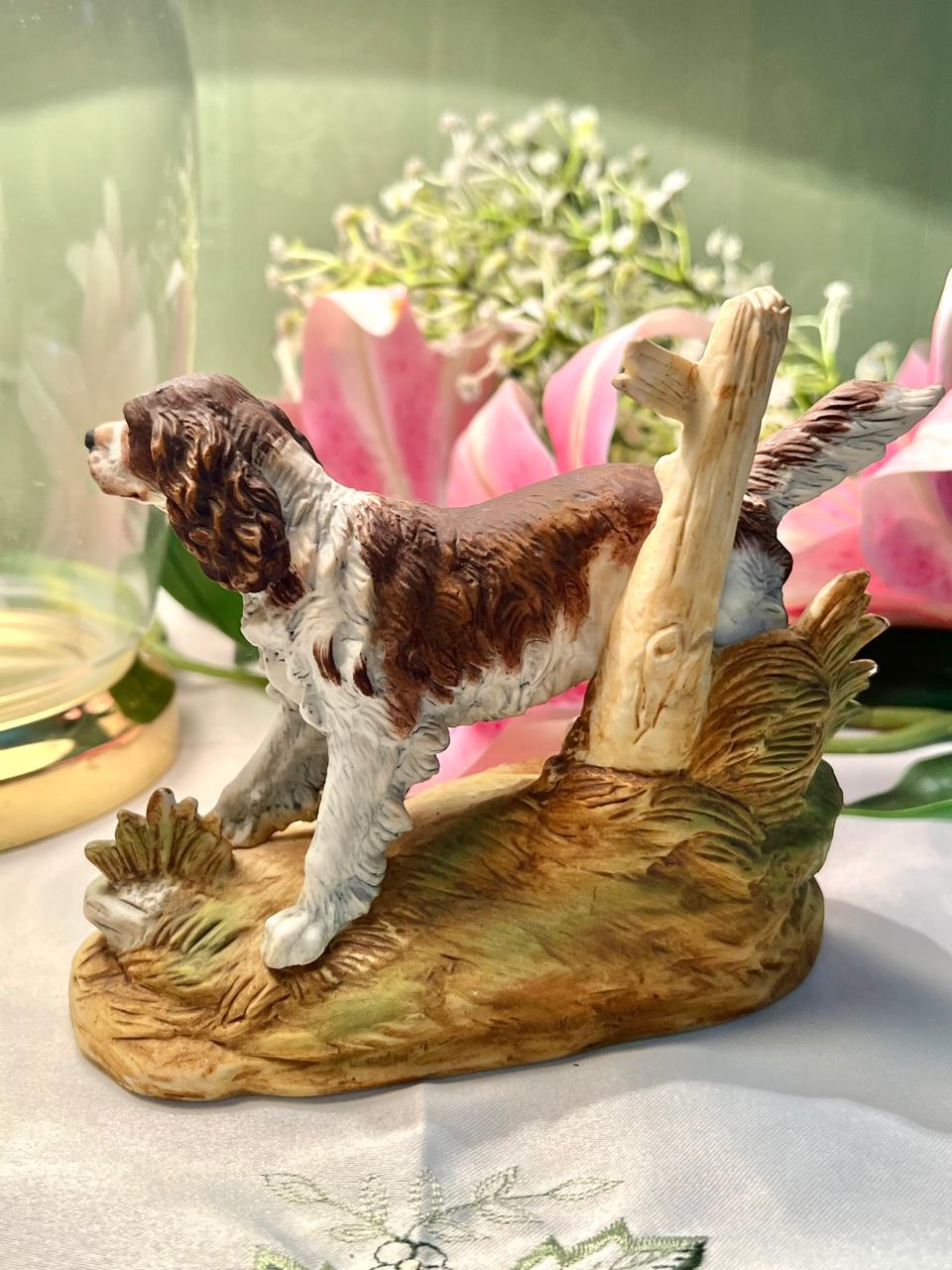 Decorative Spaniel Dog Figurine with Floral Base