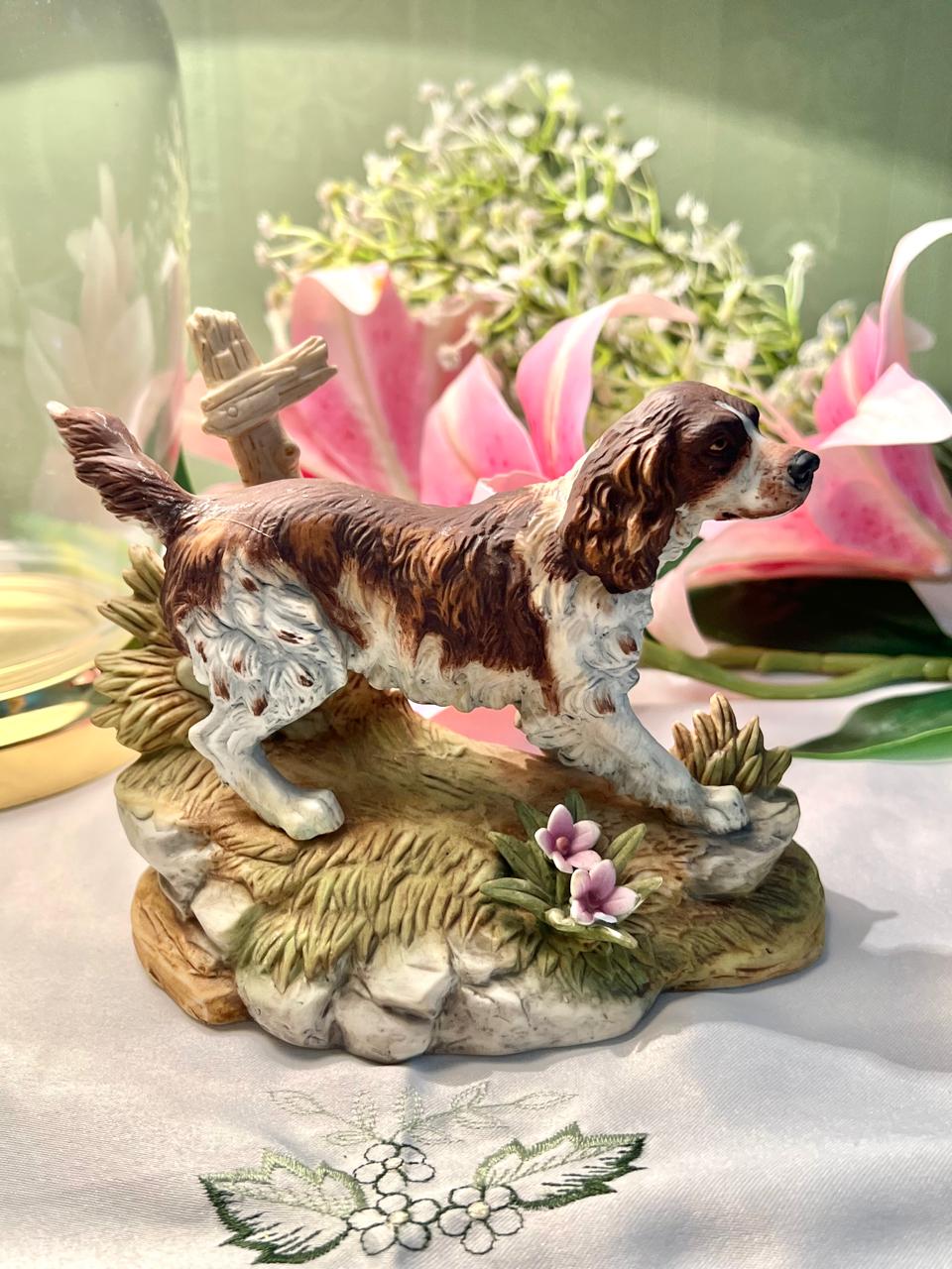 Decorative Spaniel Dog Figurine with Floral Base