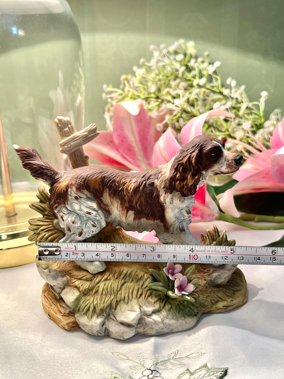 Decorative Spaniel Dog Figurine with Floral Base