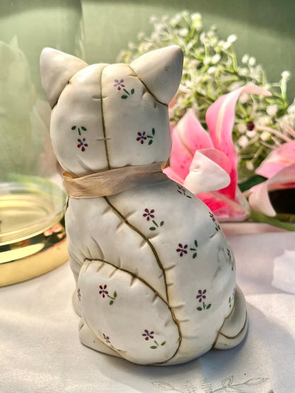 Cream Floral Cat Figurine with Bow Approx. 14 cm