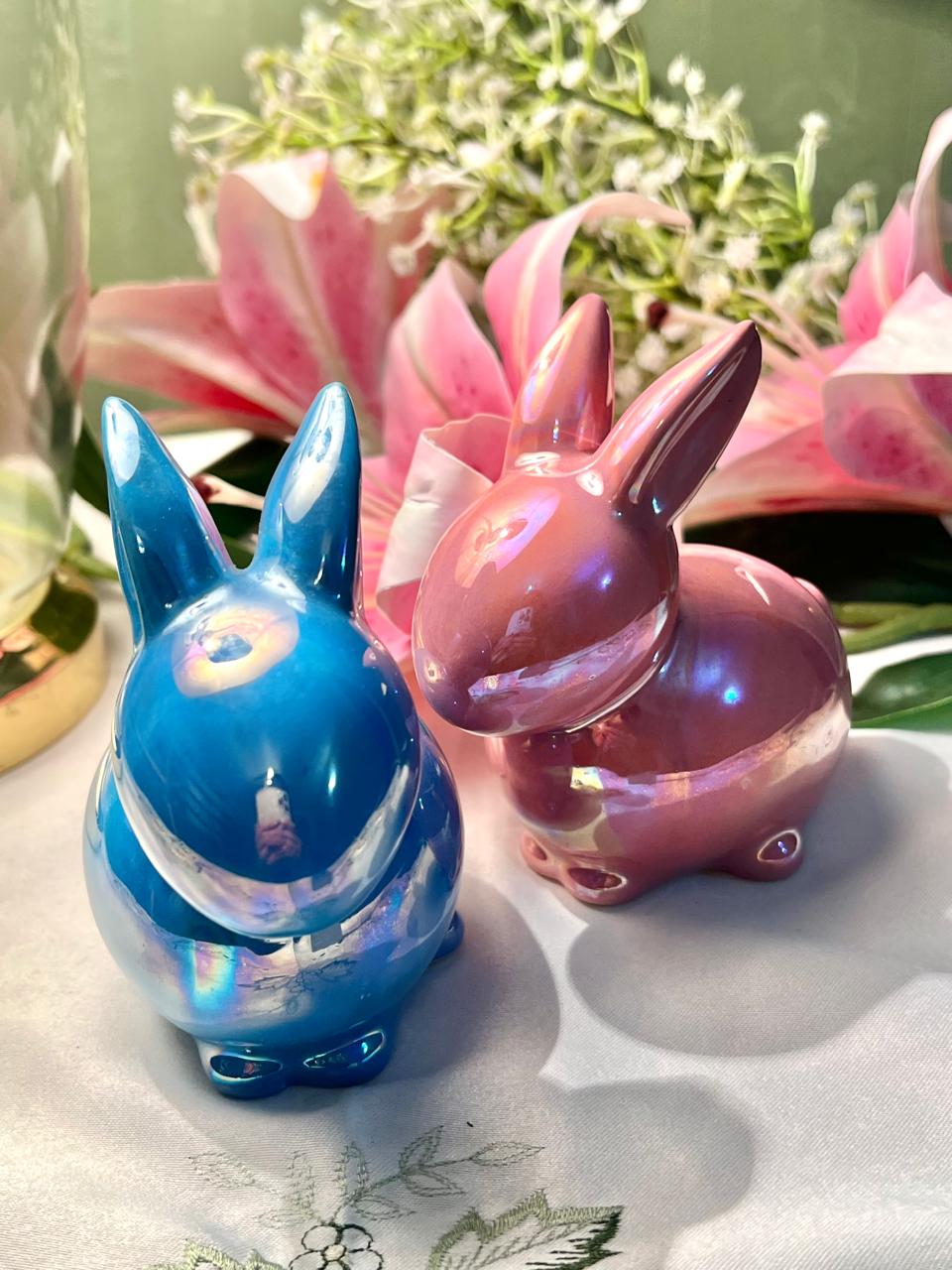 Blue & Pink Iridescent Rabbit Figurines 2-Piece Set Approx. 11 cm