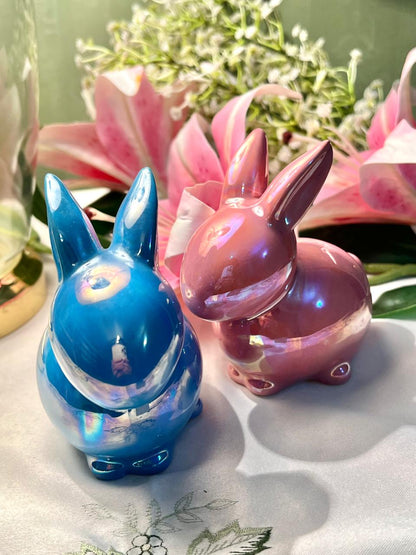 Blue & Pink Iridescent Rabbit Figurines 2-Piece Set Approx. 11 cm