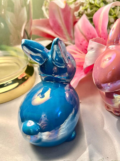 Blue & Pink Iridescent Rabbit Figurines 2-Piece Set Approx. 11 cm