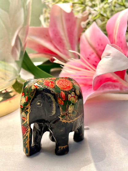 Black Elephant Figurine with Floral Detail Approx. 7 cm