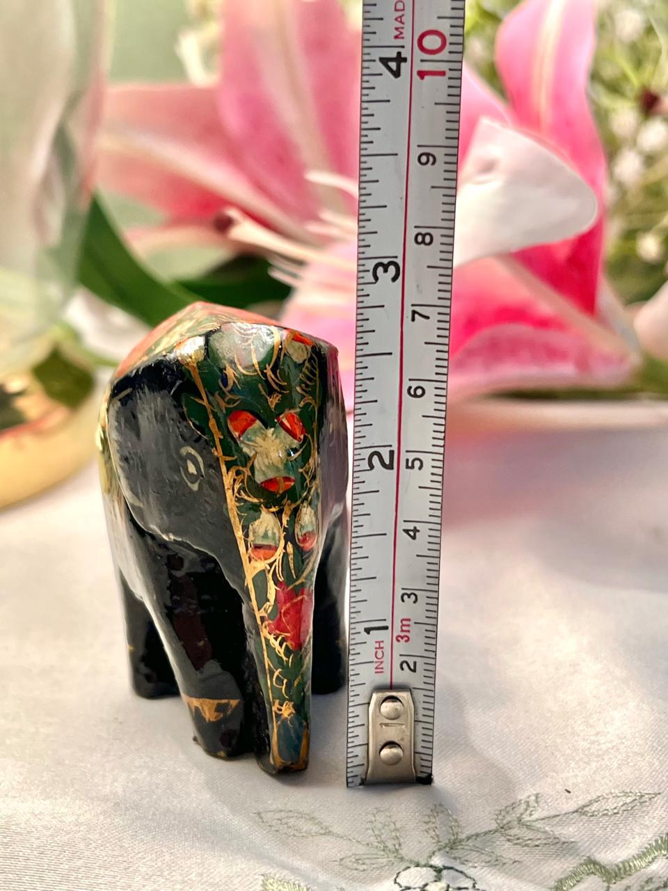 Black Elephant Figurine with Floral Detail Approx. 7 cm