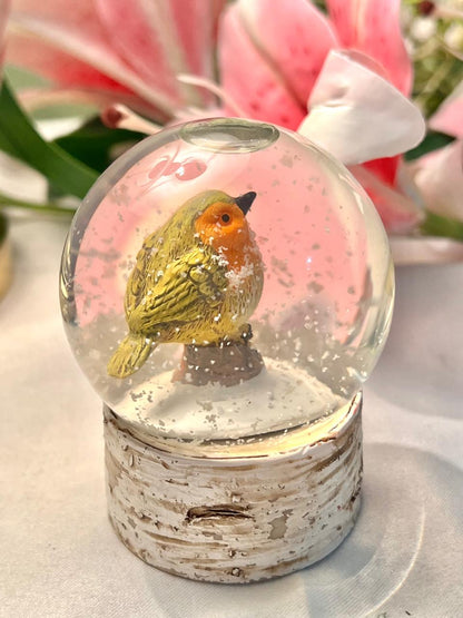 Robin Snow Globe with Birch-Style Base Approx. 9 cm