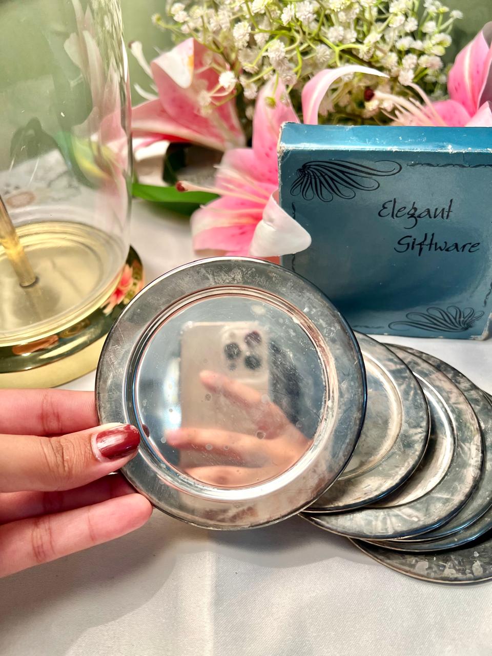 6-Piece Silver-Toned Round Coaster Set – Approx. 4 Inch