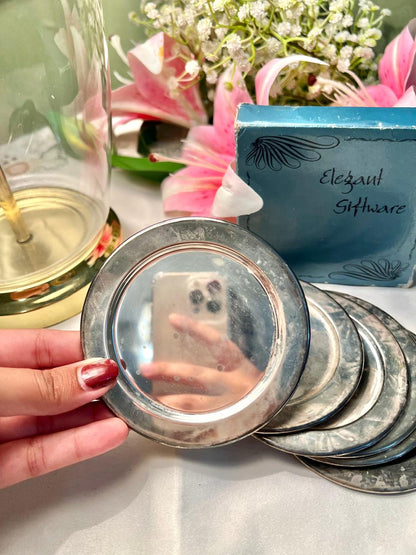 6-Piece Silver-Toned Round Coaster Set – Approx. 4 Inch