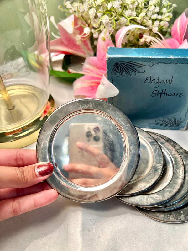 6-Piece Silver-Toned Round Coaster Set – Approx. 4 Inch
