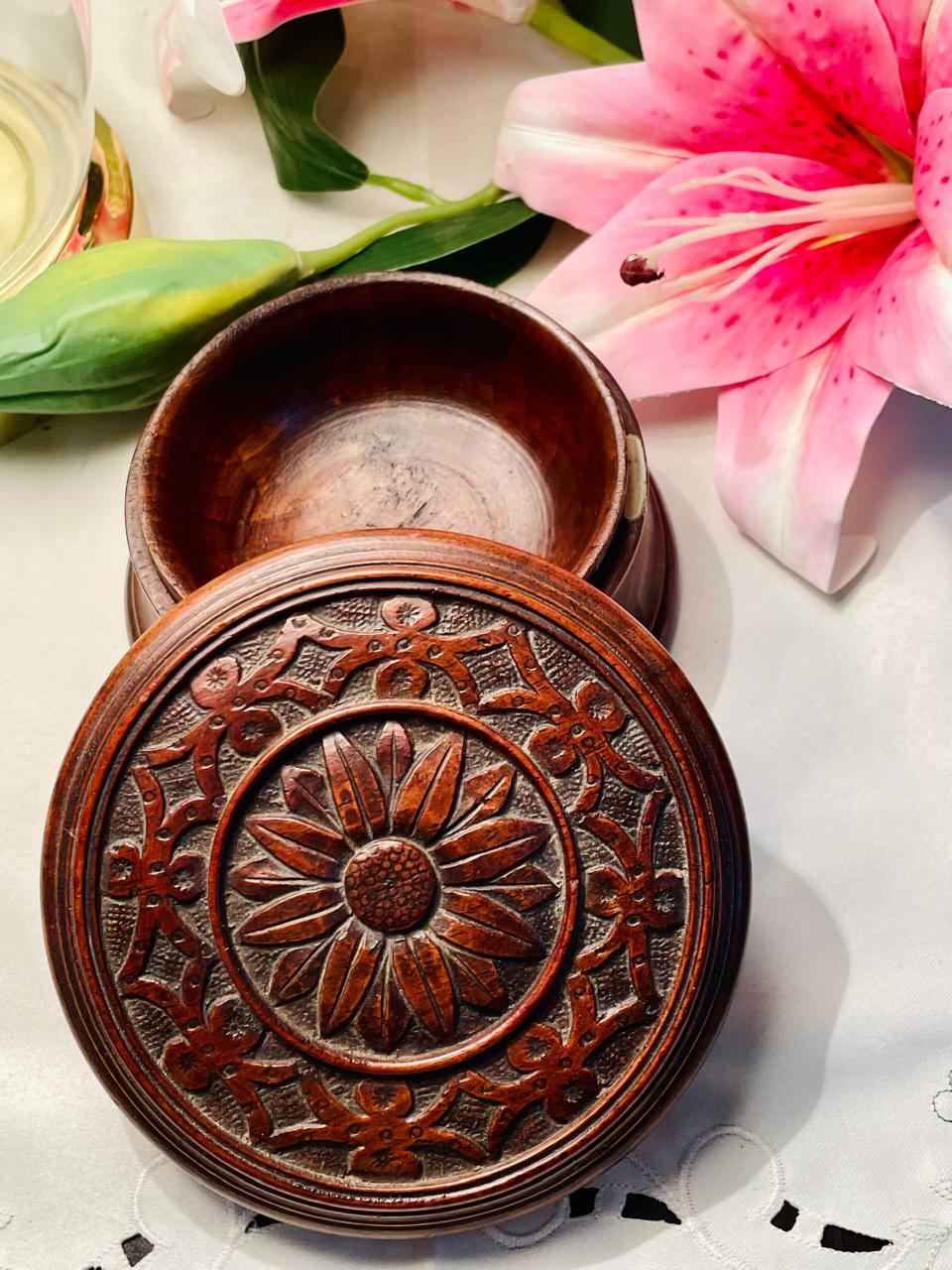 Carved Wooden Floral Trinket Box – Approx. 5 Inch