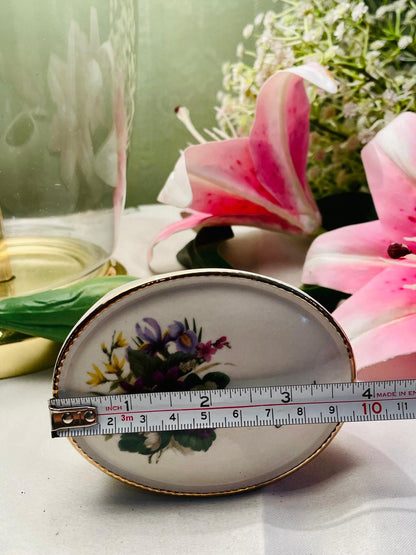 Floral Oval Ceramic Trinket Box with Gold Trim – 4 in