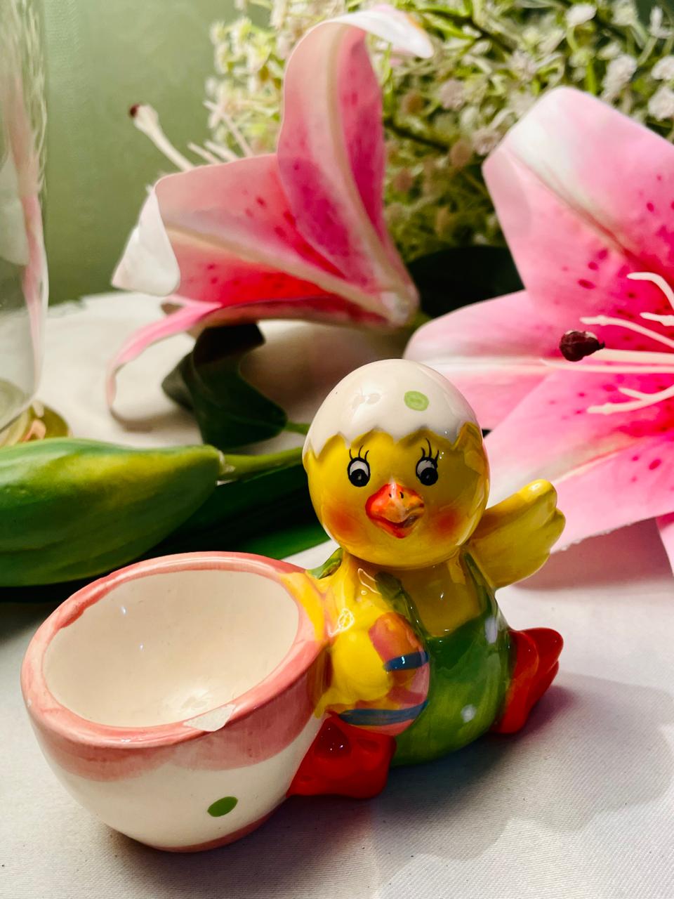 Ceramic Chick Egg Cup Holder with Bowl – 4 in