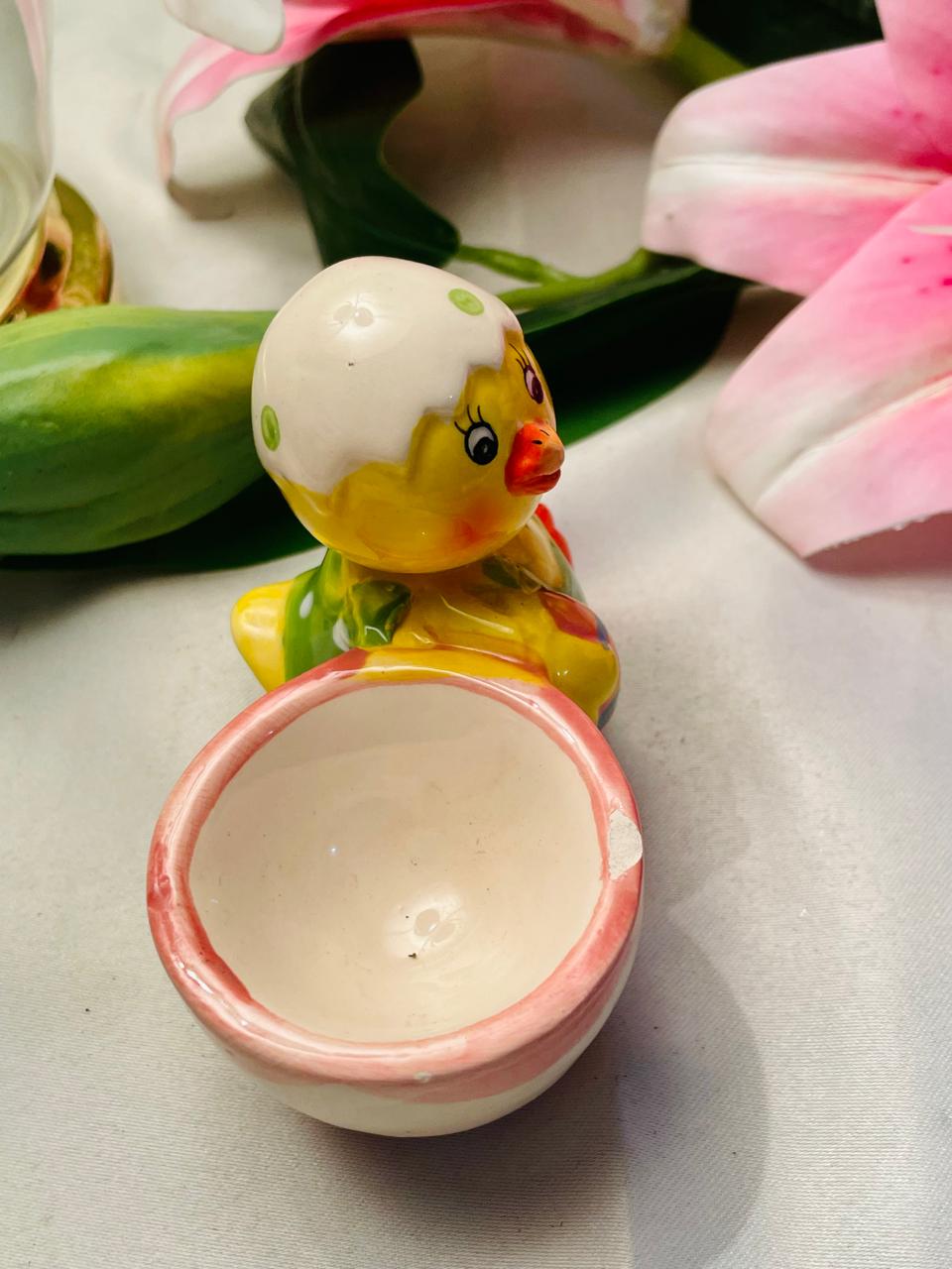 Ceramic Chick Egg Cup Holder with Bowl – 4 in