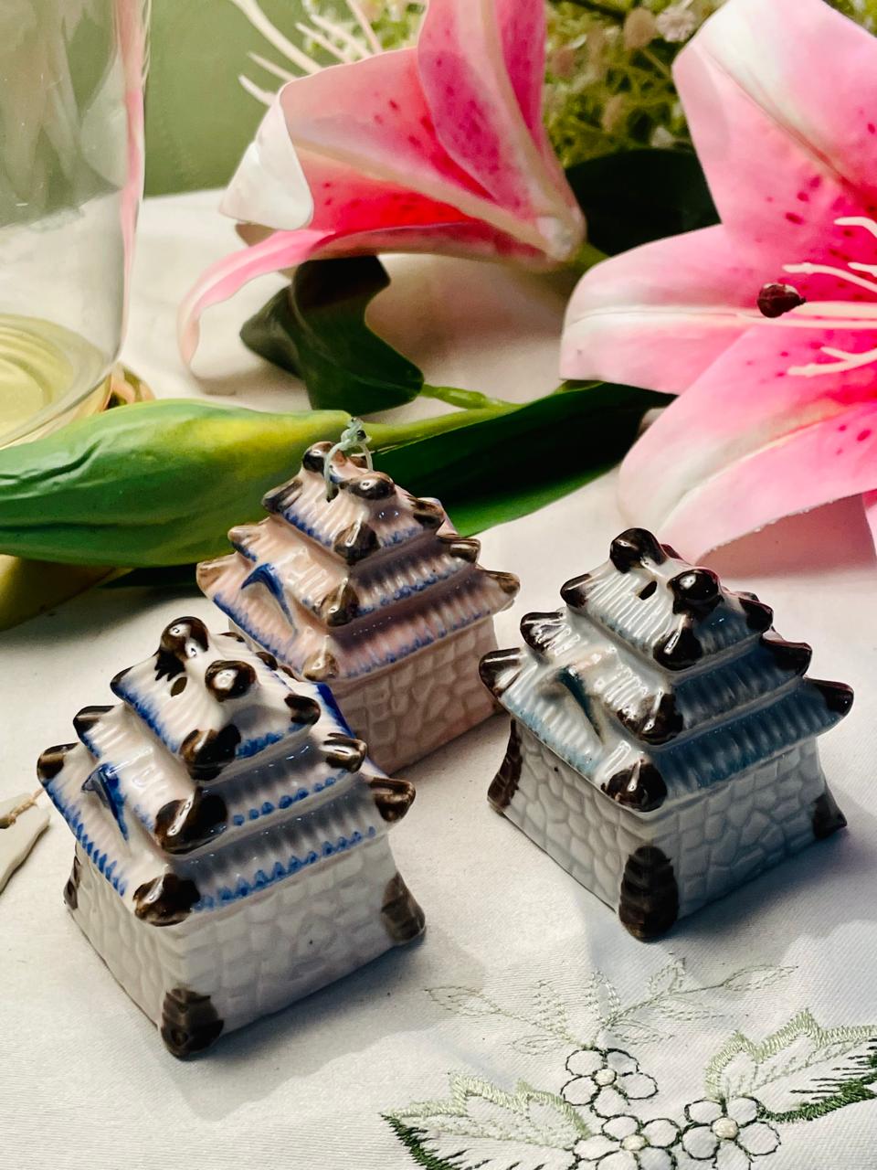 Set of 3 Ceramic Pagoda House Bells Miniature Ornaments – 2 in