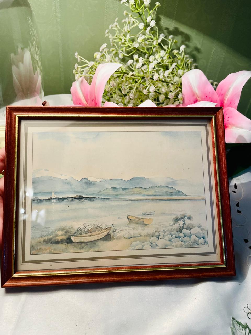 Coastal Boat Landscape Framed Painting – 9 in