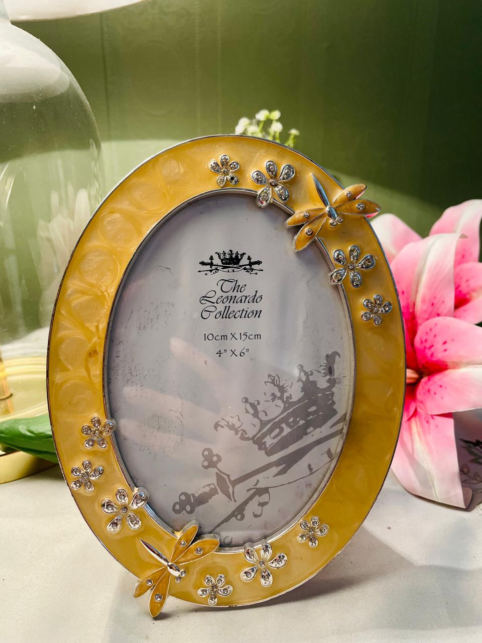 Yellow Oval Photo Frame with Floral & Butterfly Detail – 7 in