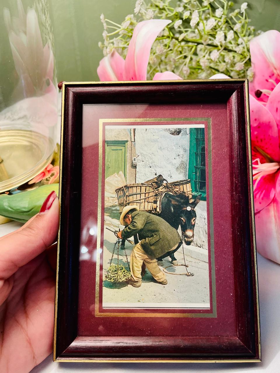 Framed Donkey & Village Scene Art Painting – 7 in
