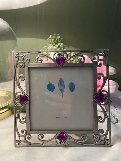 Silver-Tone Scroll Photo Frame with Purple Hearts – 7 in