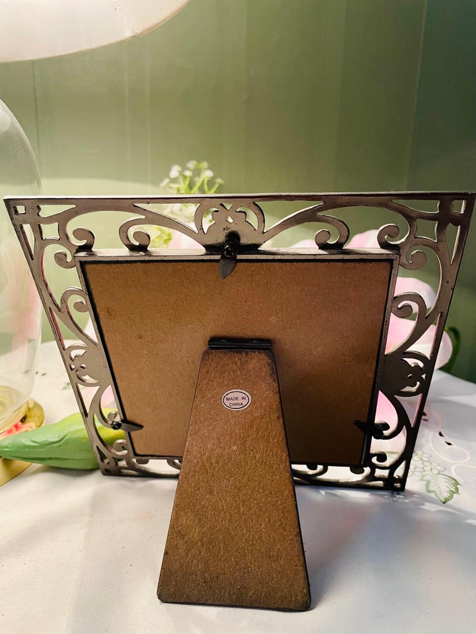 Silver-Tone Scroll Photo Frame with Purple Hearts – 7 in