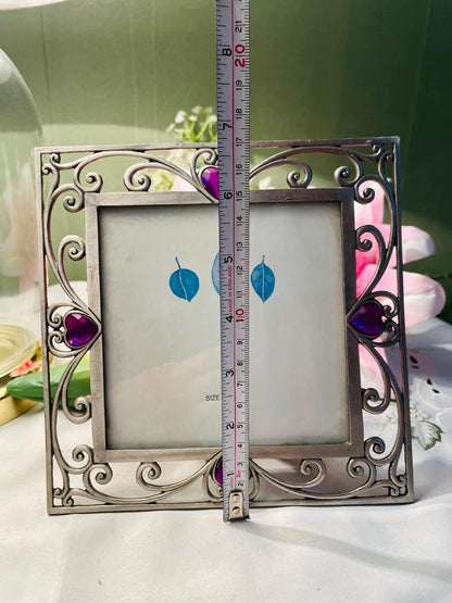 Silver-Tone Scroll Photo Frame with Purple Hearts – 7 in