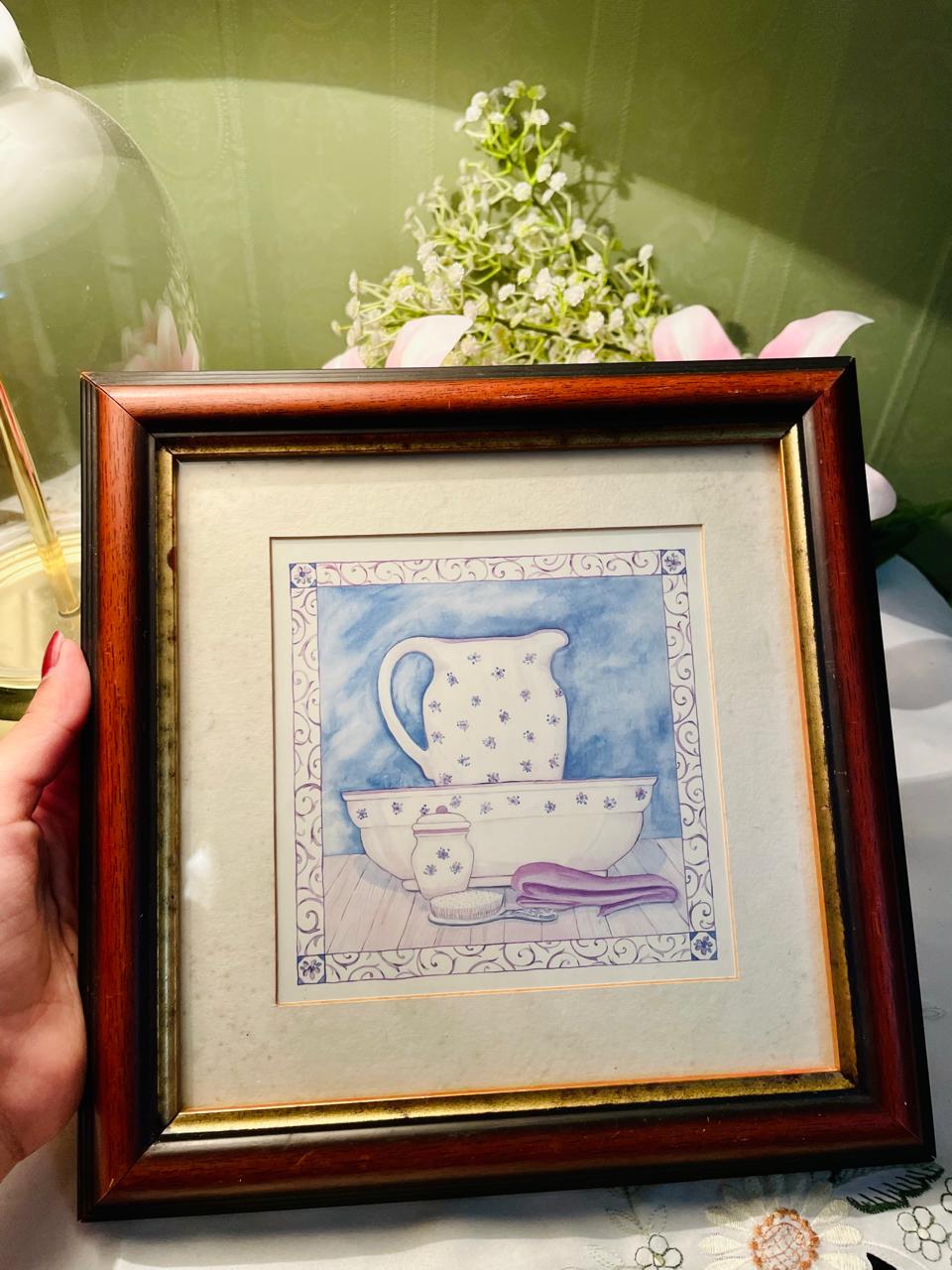 Vintage Blue Pitcher & Basin Framed Painting – 9 in
