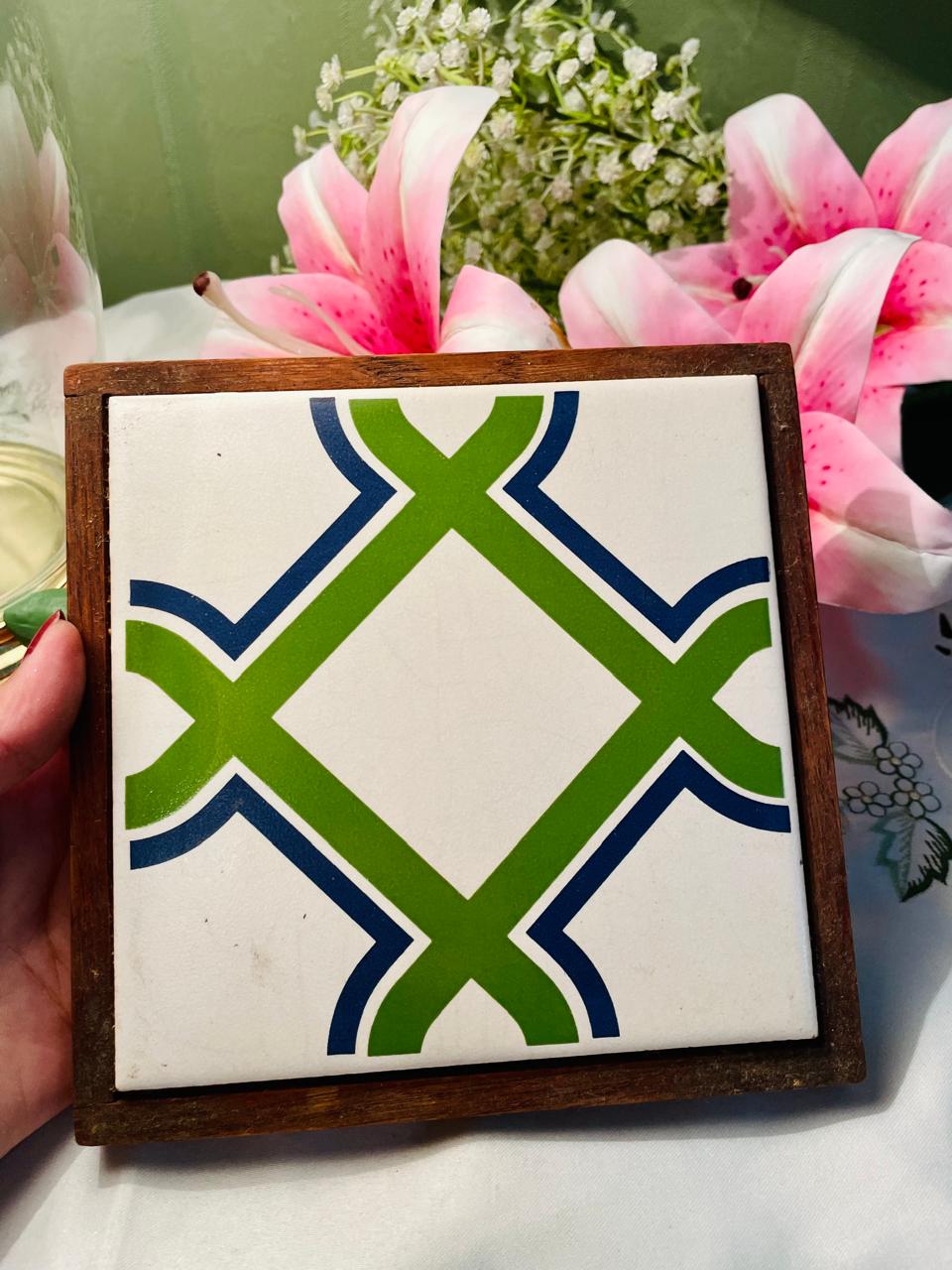 Geometric Green & Blue Ceramic Tile Cutting Board Approx. 17 cm
