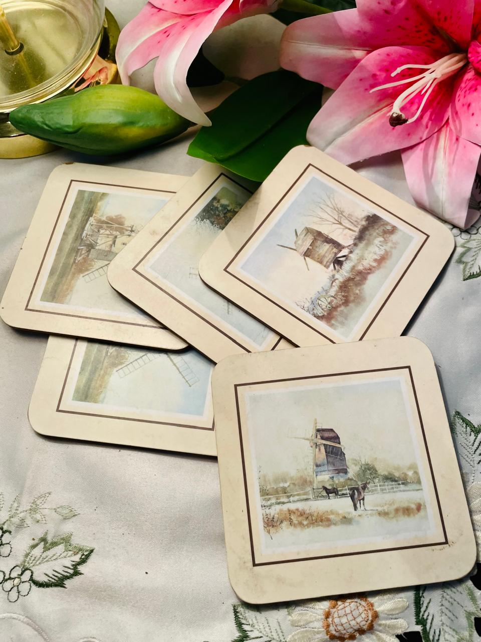 Set of 5 Vintage Windmill Scenic Coasters Approx. 10 cm