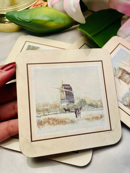 Set of 5 Vintage Windmill Scenic Coasters Approx. 10 cm