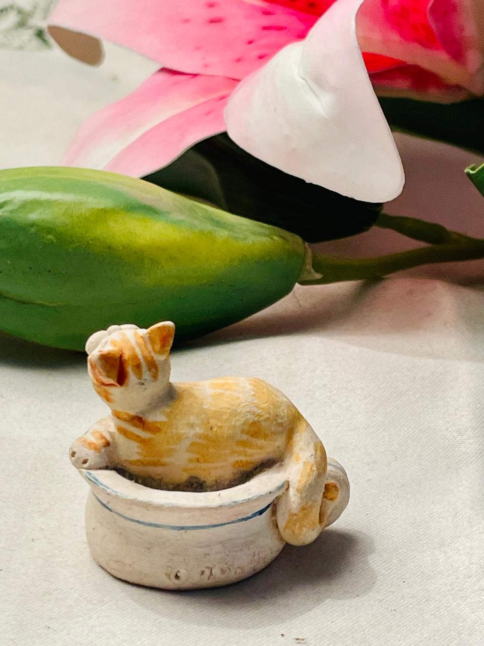 Miniature Cat in “His” Cup Figurine Approx. 4 cm