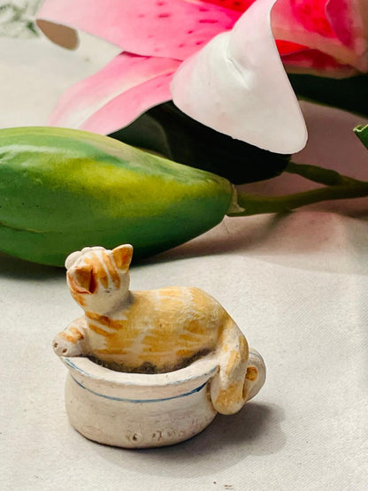 Miniature Cat in “His” Cup Figurine Approx. 4 cm