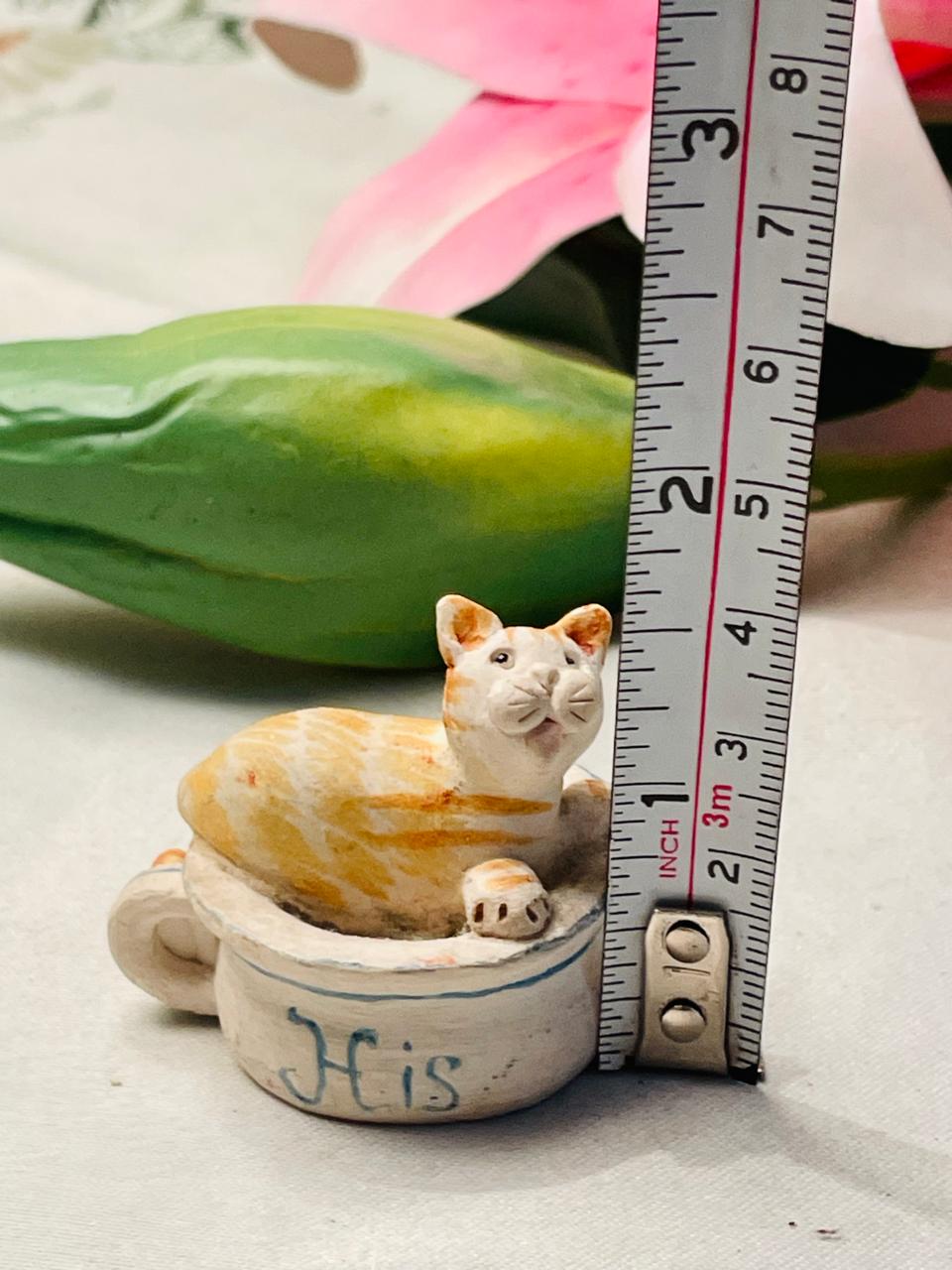 Miniature Cat in “His” Cup Figurine Approx. 4 cm