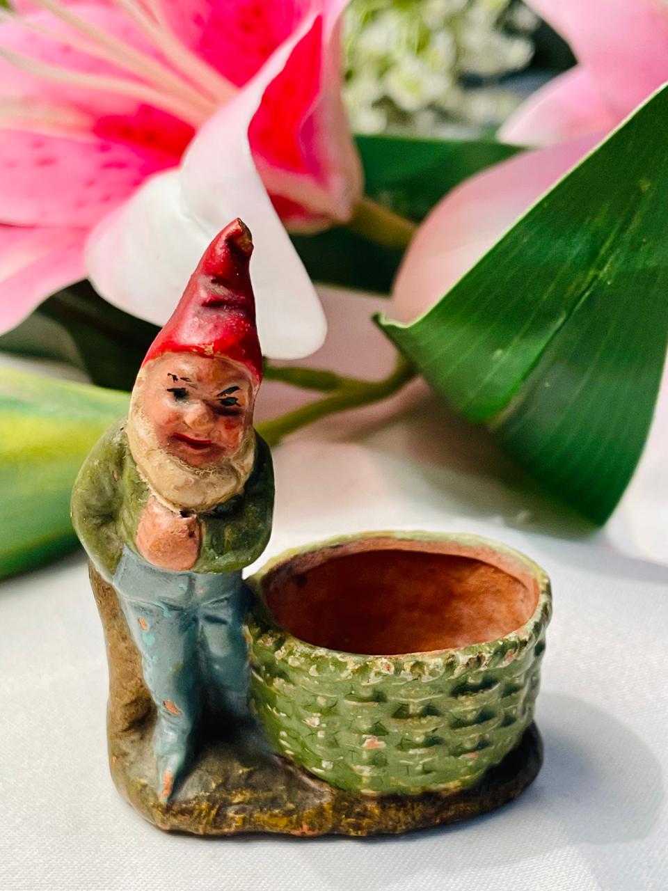 Vintage Gnome Planter Figurine with Basket Pot Approx. 8 cm