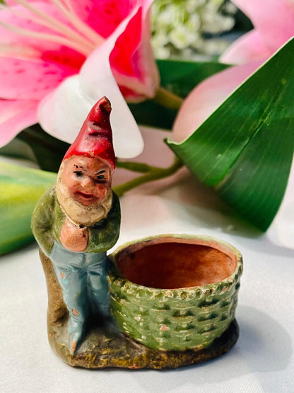 Vintage Gnome Planter Figurine with Basket Pot Approx. 8 cm