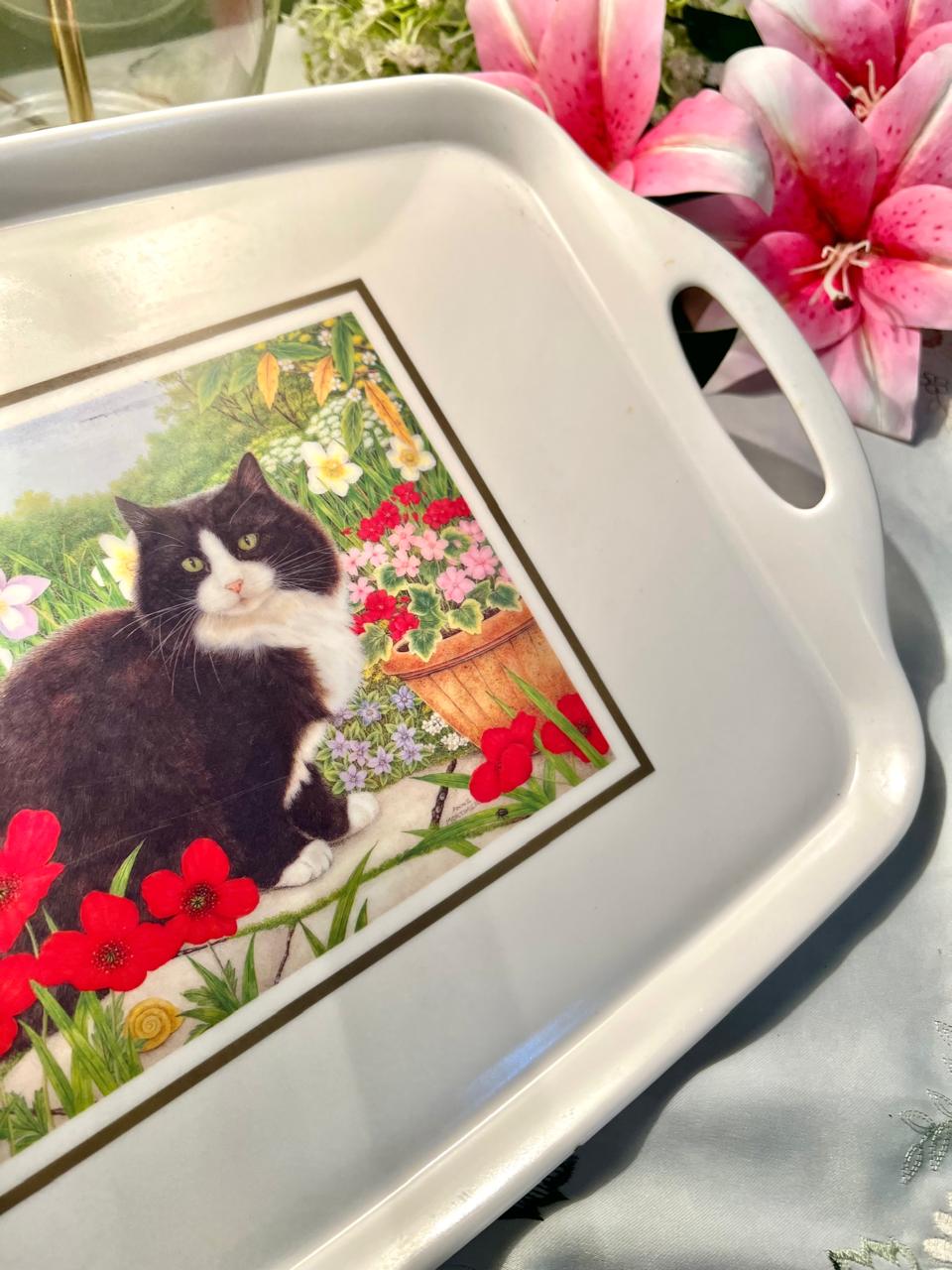 Cat & Floral Print Serving Tray – Approx. 49 cm