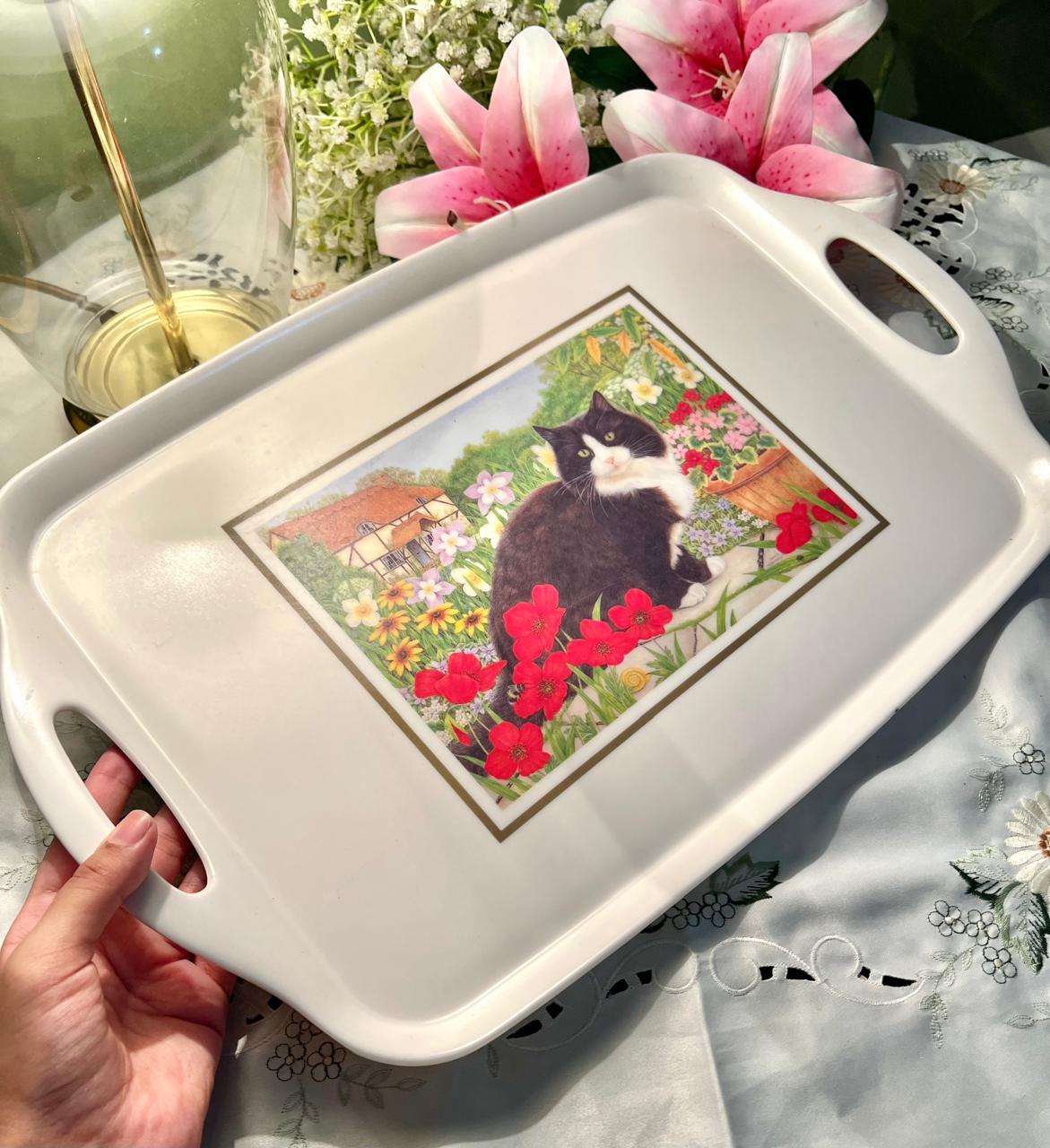 Cat & Floral Print Serving Tray – Approx. 49 cm