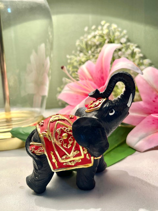 Black Elephant Figurine with Red & Gold Detailing 4.5"
