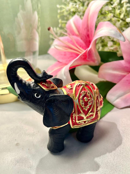 Black Elephant Figurine with Red & Gold Detailing 4.5"