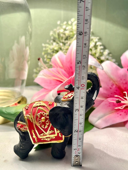 Black Elephant Figurine with Red & Gold Detailing 4.5"