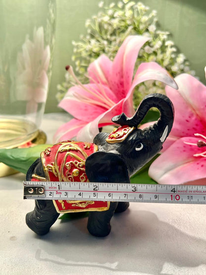 Black Elephant Figurine with Red & Gold Detailing 4.5"