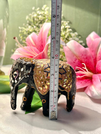 Black Elephant Figurine with Gold Mosaic Detailing 4"