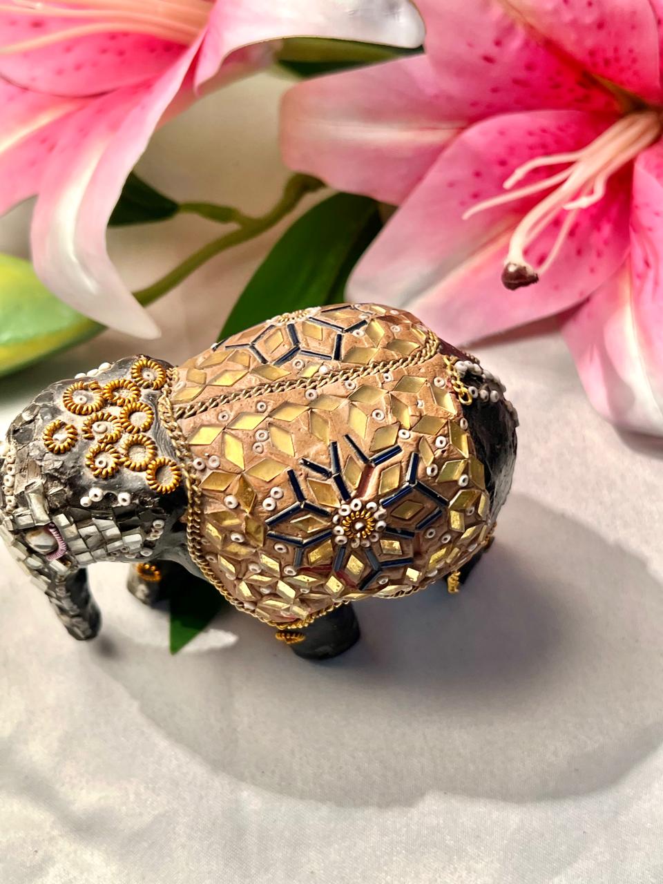 Black Elephant Figurine with Gold Mosaic Detailing 4"