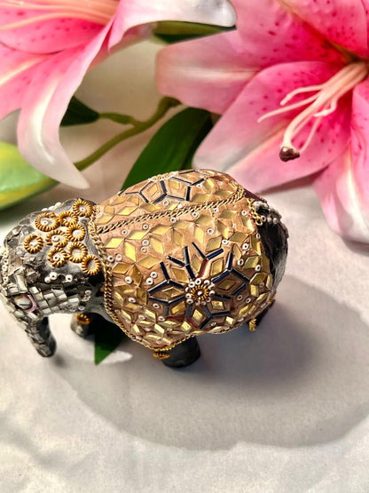Black Elephant Figurine with Gold Mosaic Detailing 4"