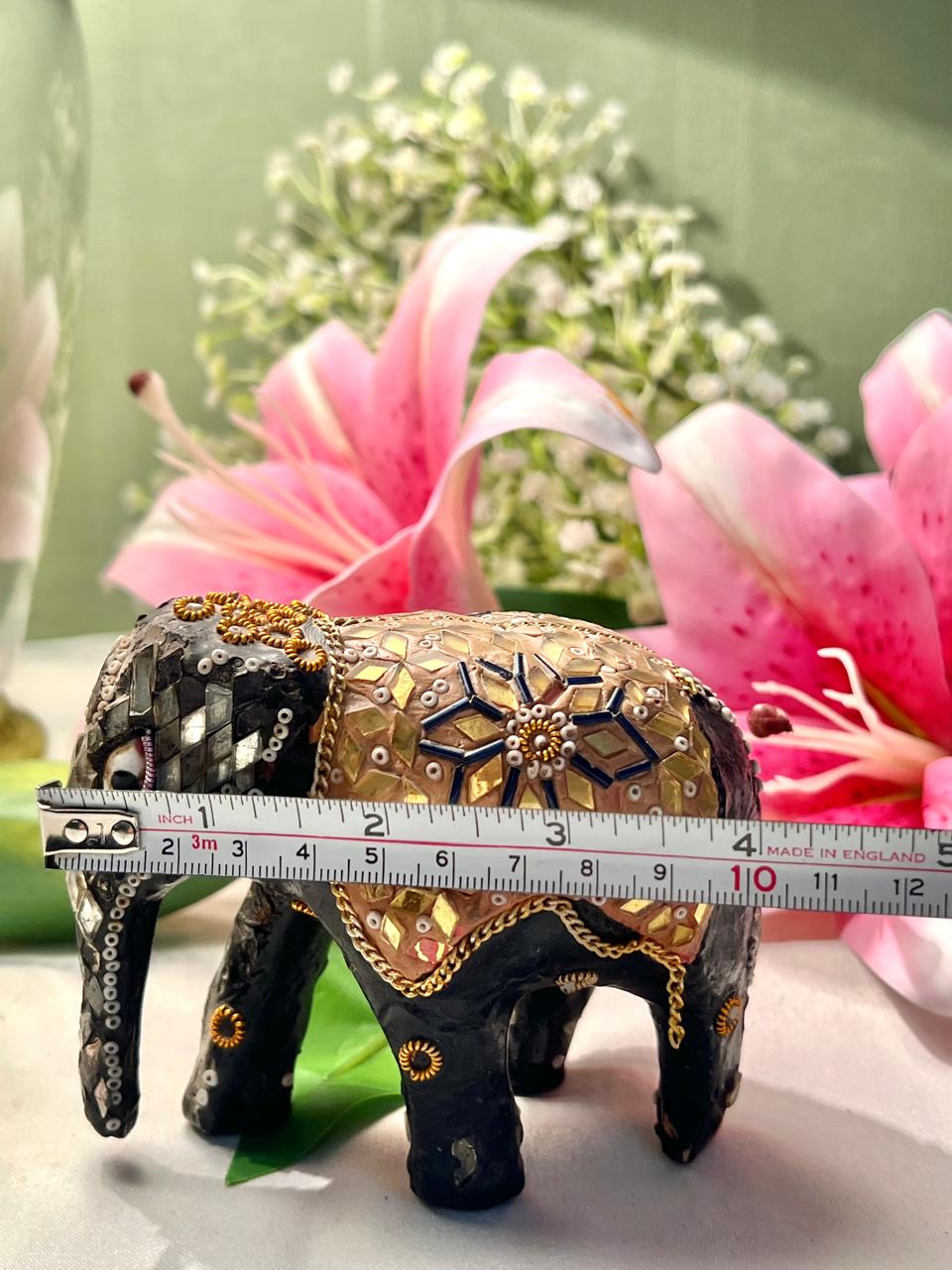 Black Elephant Figurine with Gold Mosaic Detailing 4"