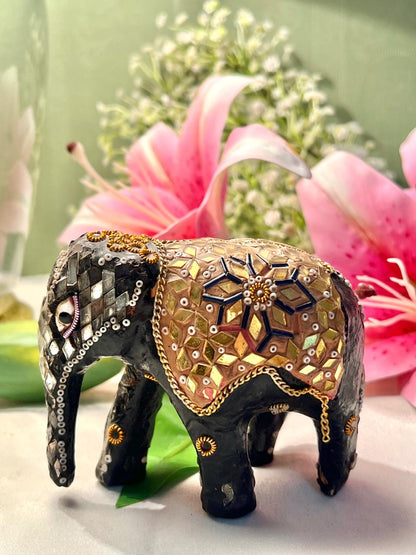 Black Elephant Figurine with Gold Mosaic Detailing 4"