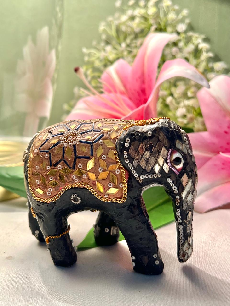 Black Elephant Figurine with Gold Mosaic Detailing 4"