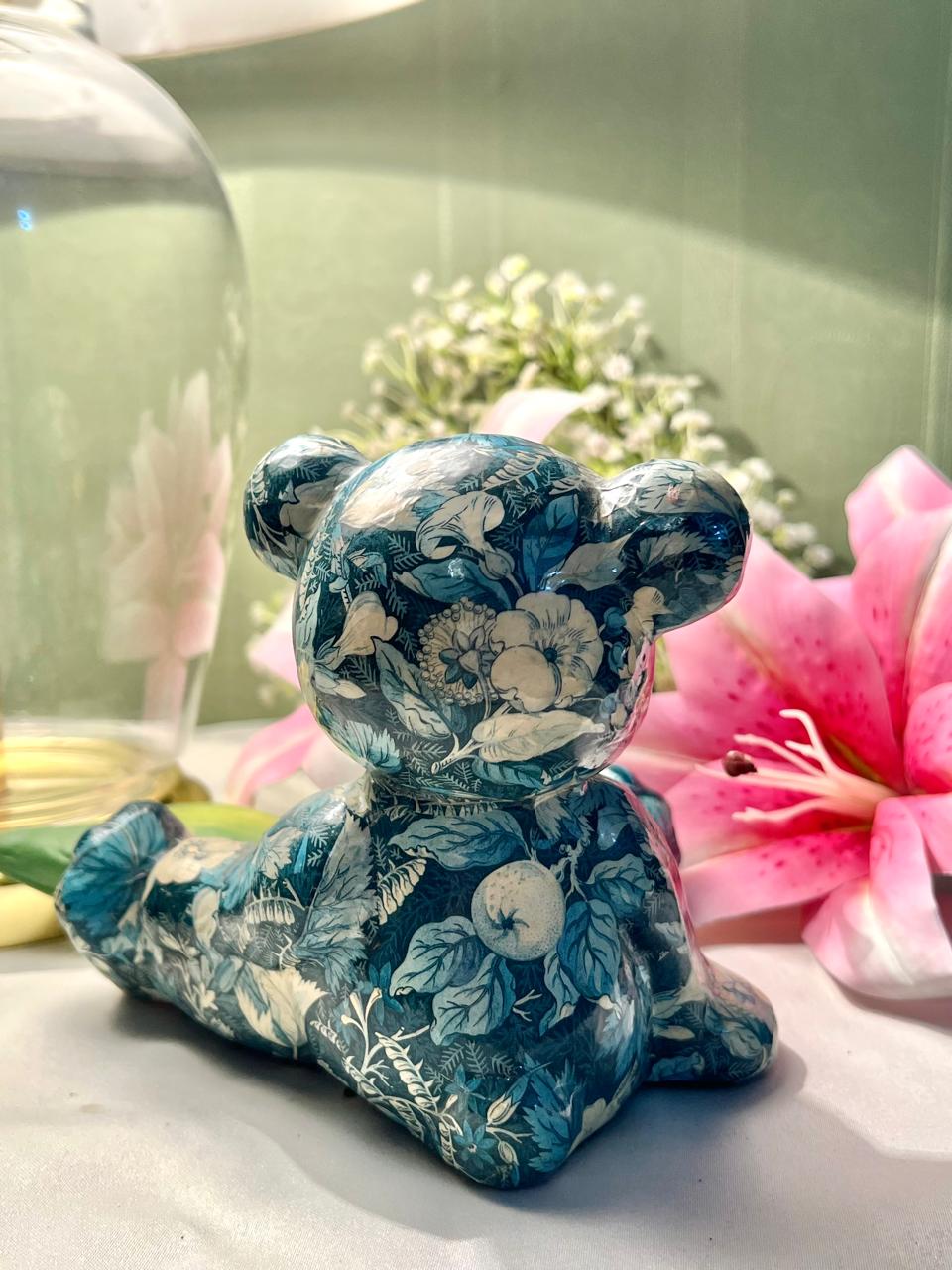 Vintage Blue Floral Teddy Bear Figurine Approx. 14 cm