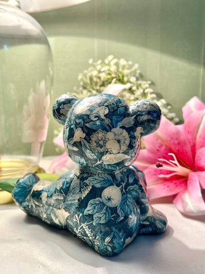 Vintage Blue Floral Teddy Bear Figurine Approx. 14 cm