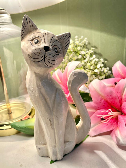 White Wooden Cat Figurine with Curled Tail 9"