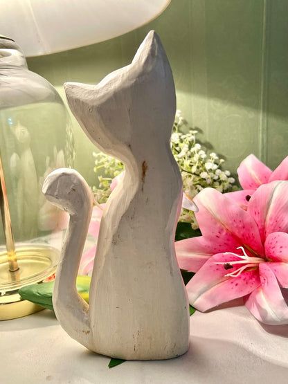 White Wooden Cat Figurine with Curled Tail 9"