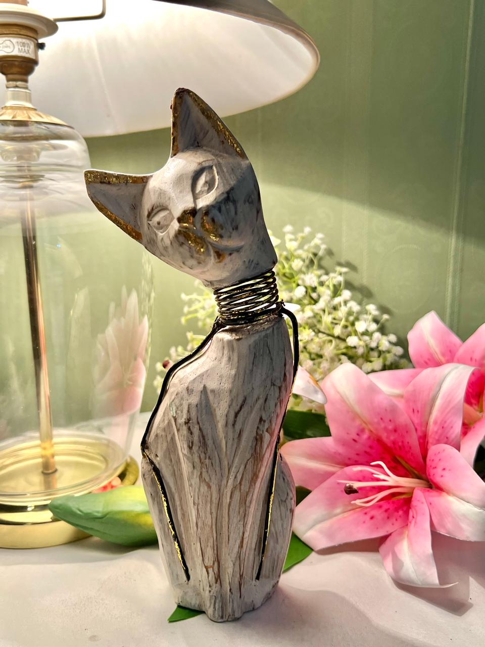 White & Gold Cat Figurine with Coil Neck Detail 9.5"